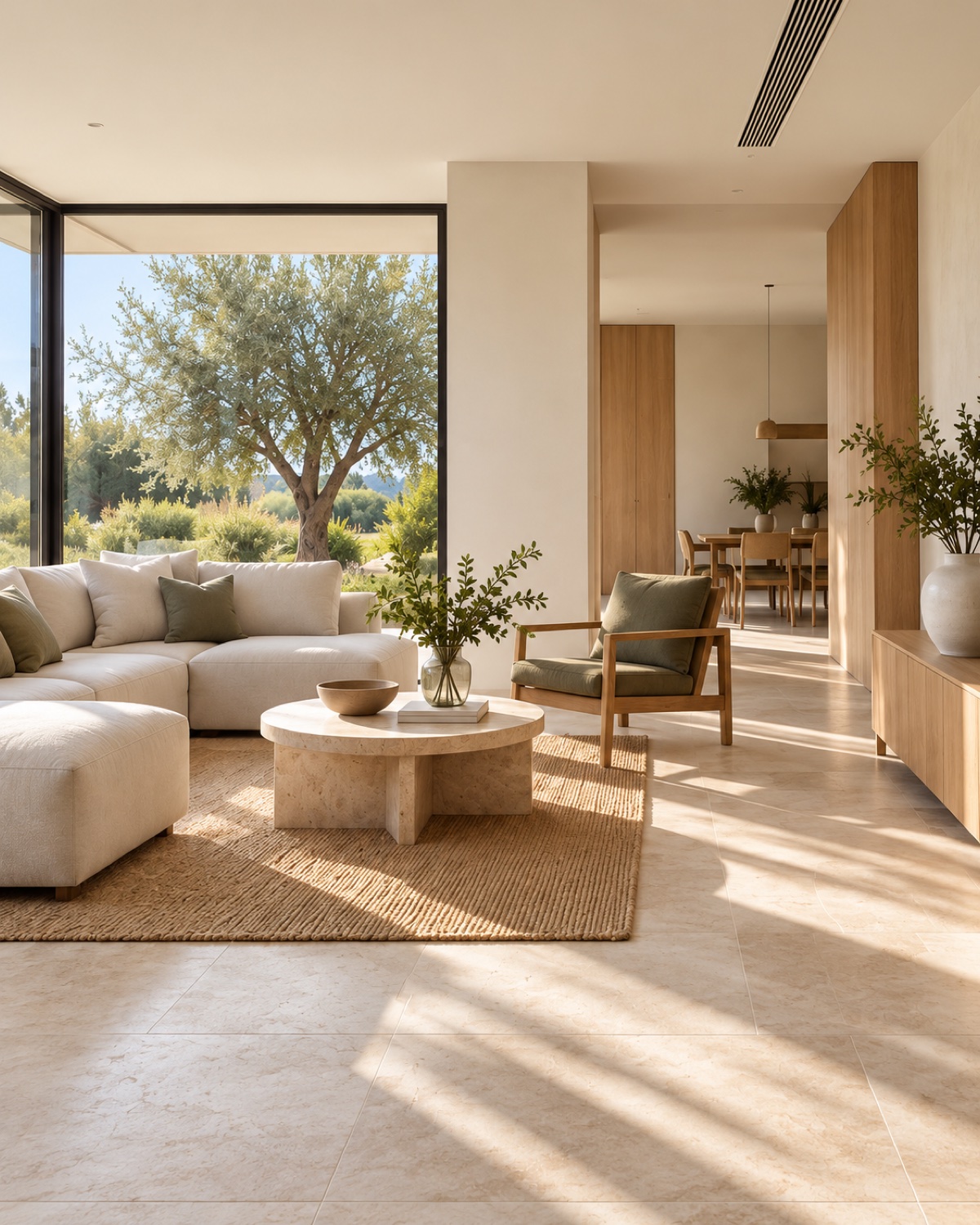 A bright, comfortable living room with natural finishes and discreet air conditioning